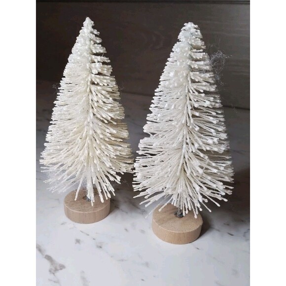 Vintage White/Green Wire Bottle Brush Trees Set 5 Christmas Wood/Plastic Bases - Picture 6 of 7
